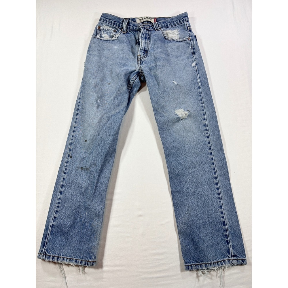 Levis 505 Regular Fit Jeans Mens W30 L30 Light Wash Distressed Straight Leg